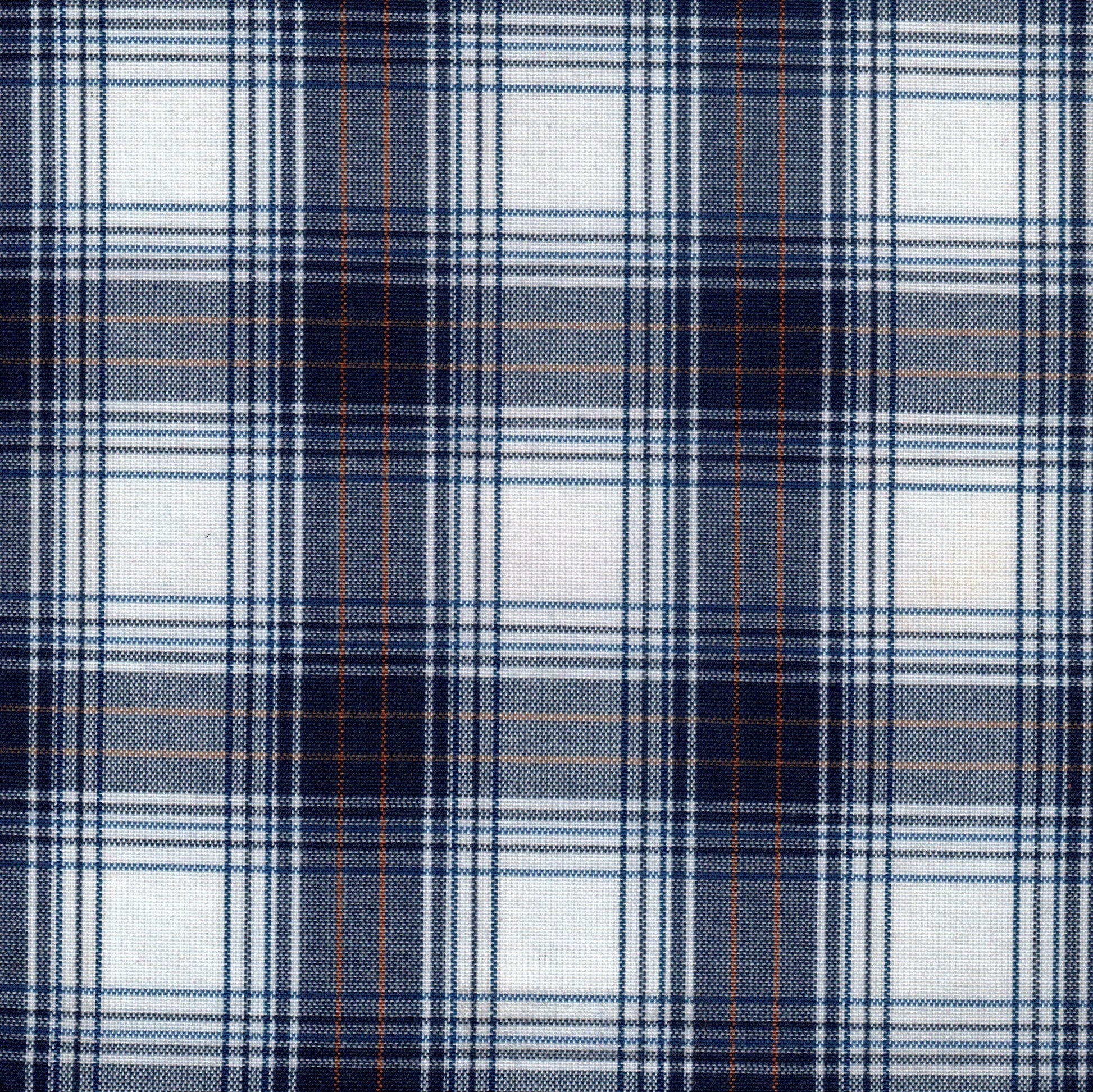 Tela 13002153 Dacron uniforme de SchoolLine: azul marino y blanco con líneas naranja, ideal para uniformes escolares.