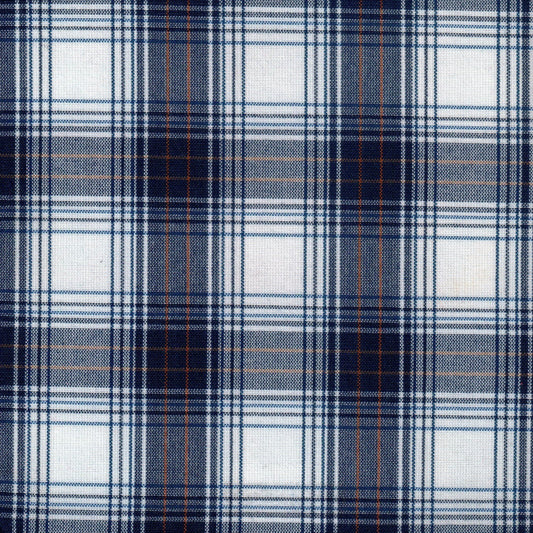 Tela 13002153 Dacron uniforme de SchoolLine: azul marino y blanco con líneas naranja, ideal para uniformes escolares.