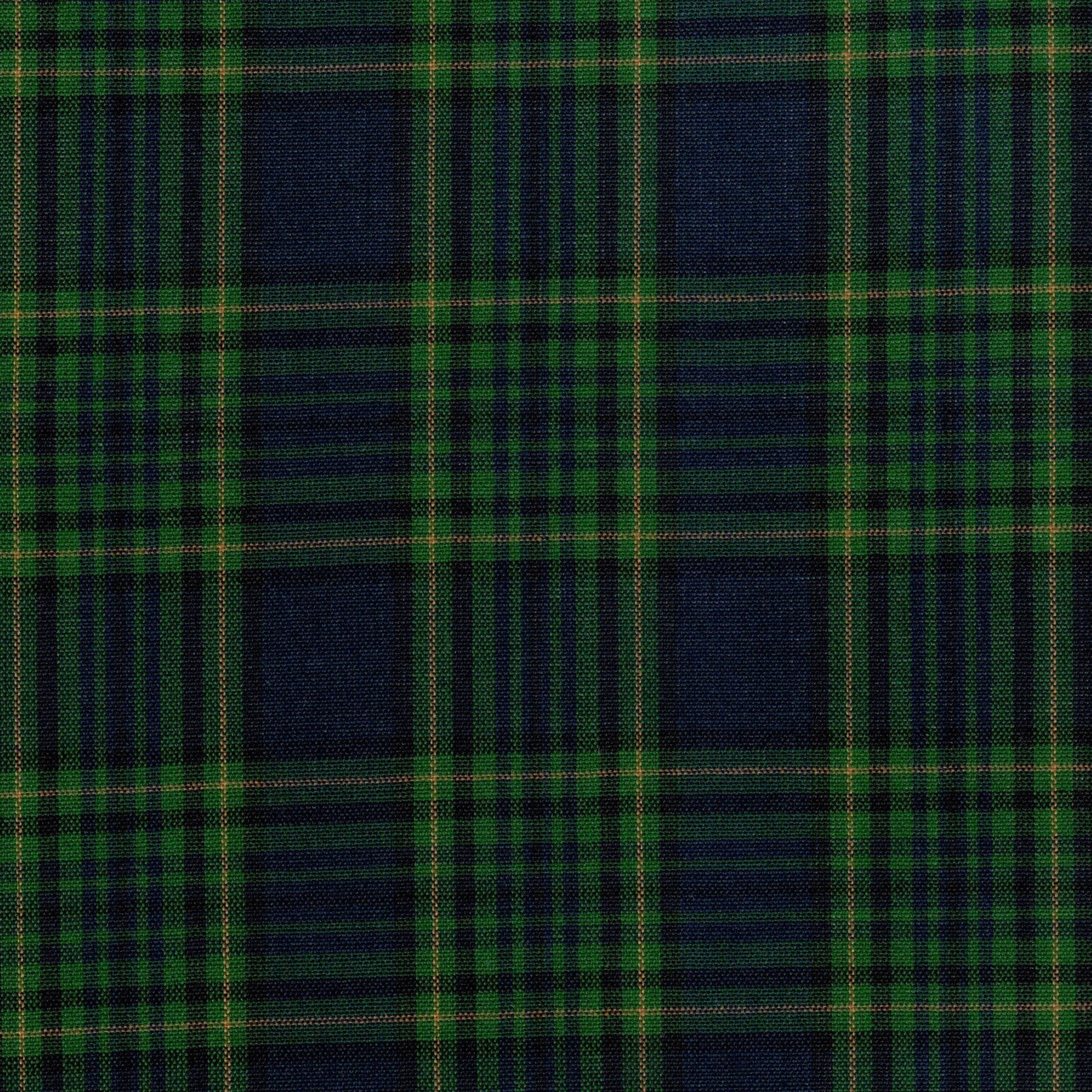 Tela escocesa a cuadros verde y azul marino con líneas doradas, ideal para uniformes escolares e institucionales SchoolLine.