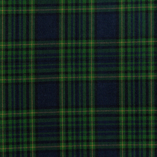 Tela escocesa a cuadros verde y azul marino con líneas doradas, ideal para uniformes escolares e institucionales SchoolLine.