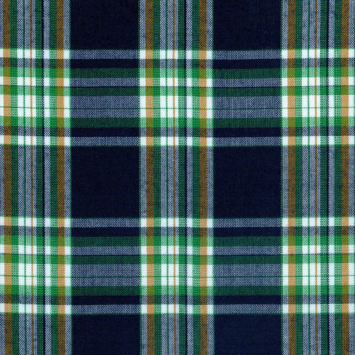 Tela 13002162 Dacron SchoolLine; tela a cuadros verde, azul marino, blanco y dorado para uniformes escolares e institucionales.