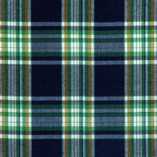 Tela 13002162 Dacron SchoolLine; tela a cuadros verde, azul marino, blanco y dorado para uniformes escolares e institucionales.