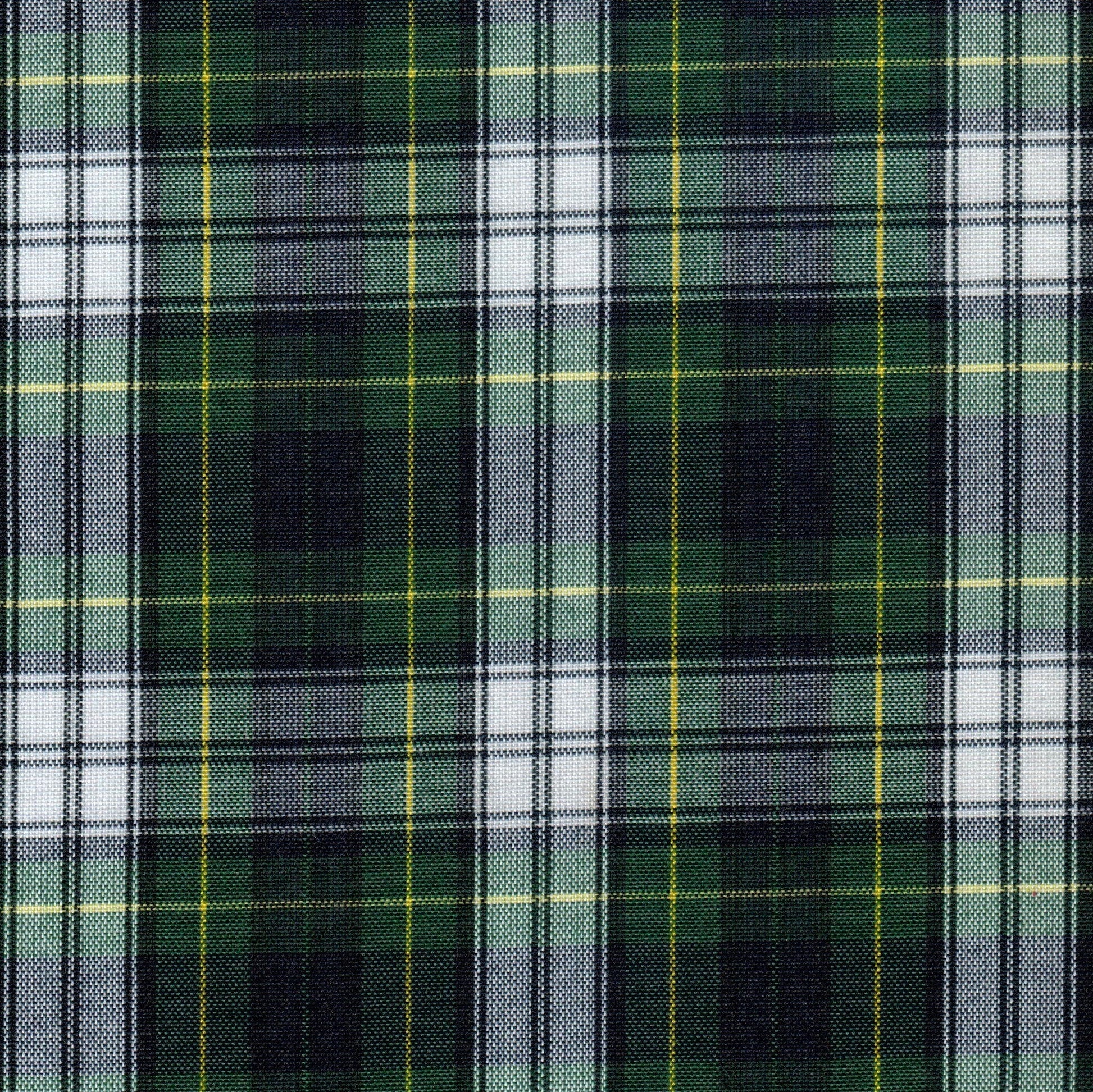 Tela SchoolLine Dacron uniforme: tela de poliéster verde con patrón tartán negro, blanco y líneas amarillas.
