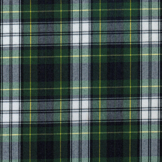 Tela SchoolLine Dacron uniforme: tela de poliéster verde con patrón tartán negro, blanco y líneas amarillas.