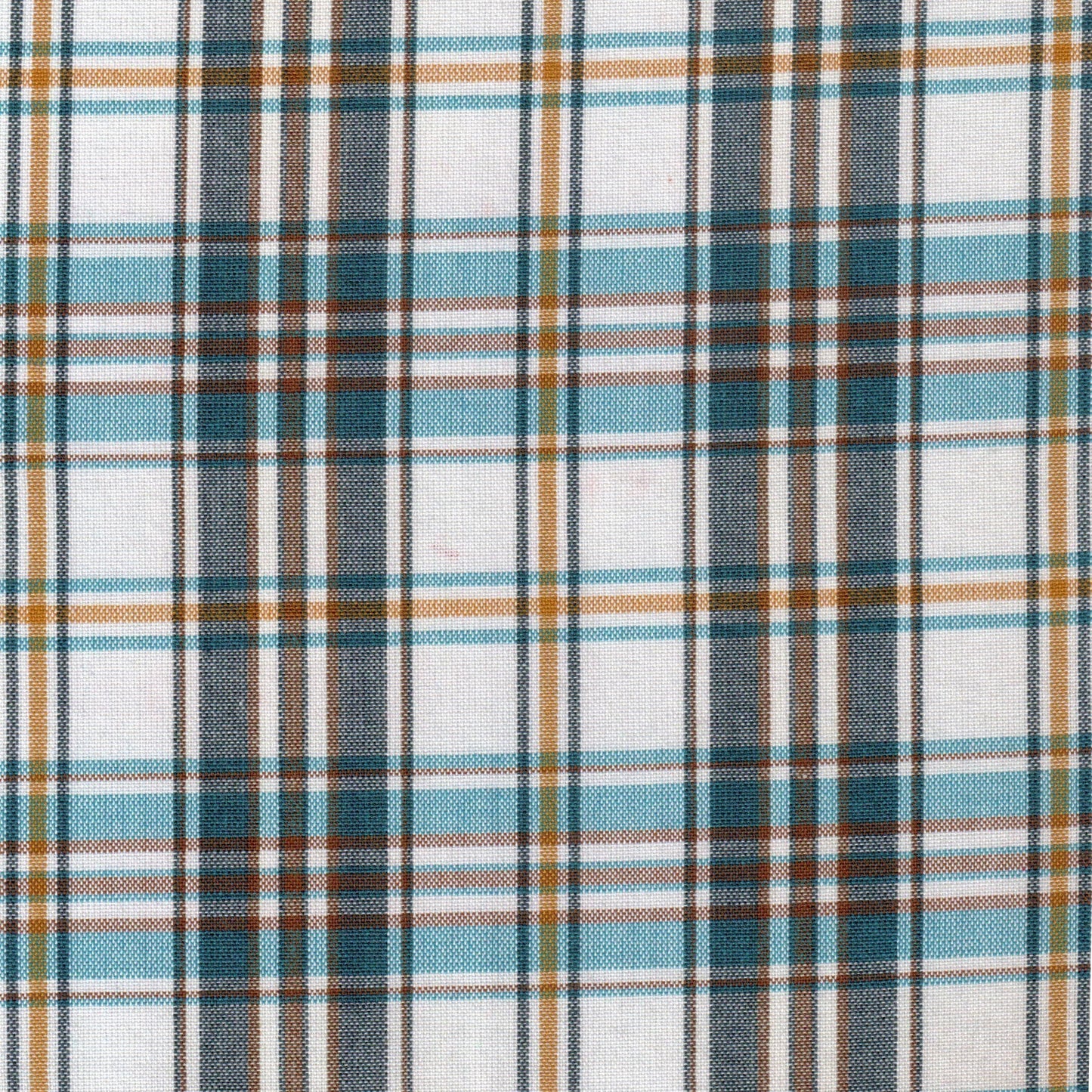 Tela Dacron SchoolLine para uniformes escolares; poliéster duradera en cuadros azul turquesa, marrón y blanco.