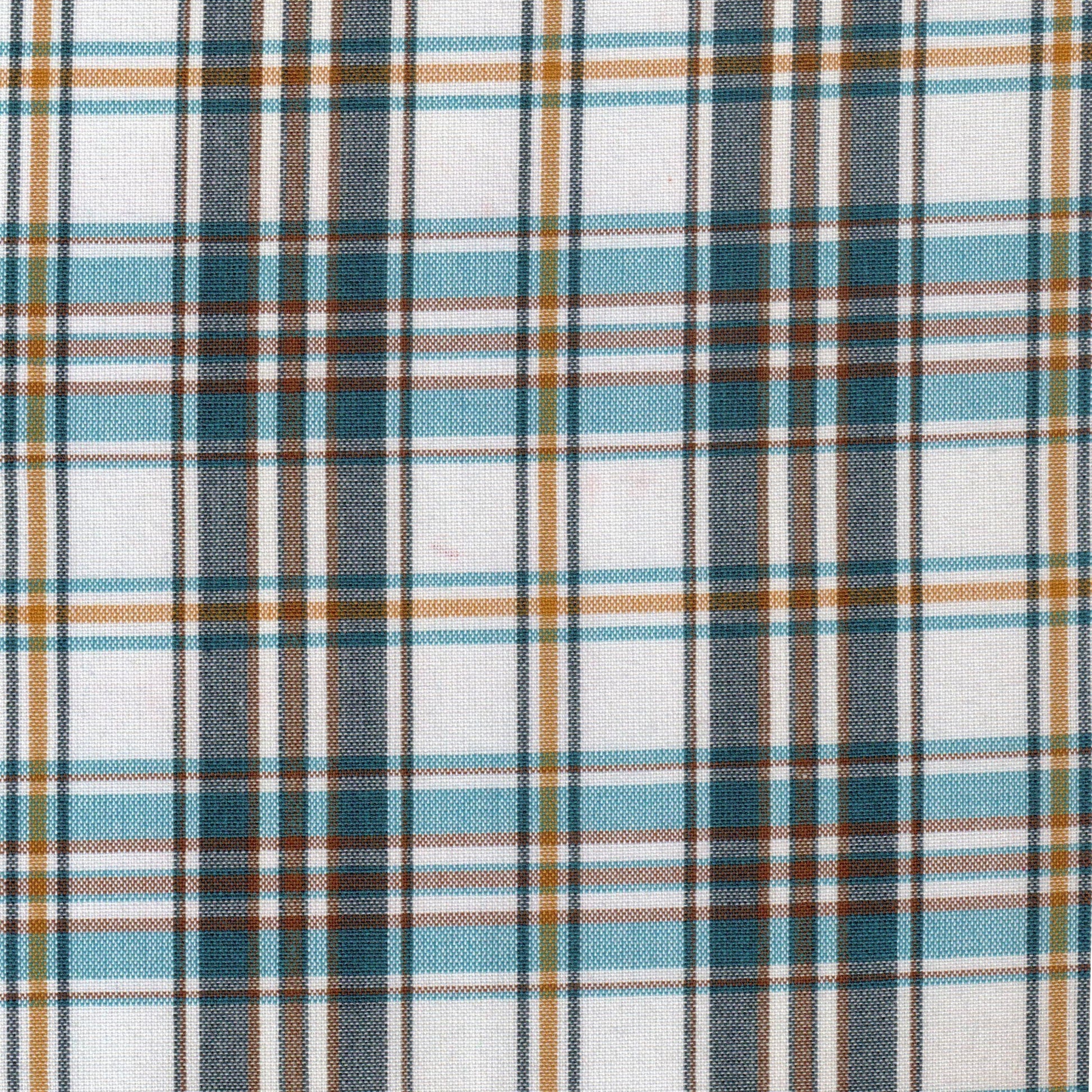 Tela Dacron SchoolLine para uniformes escolares; poliéster duradera en cuadros azul turquesa, marrón y blanco.