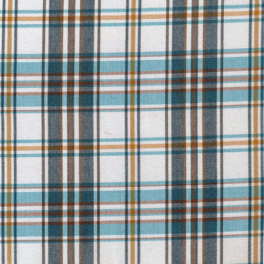 Tela Dacron SchoolLine para uniformes escolares; poliéster duradera en cuadros azul turquesa, marrón y blanco.
