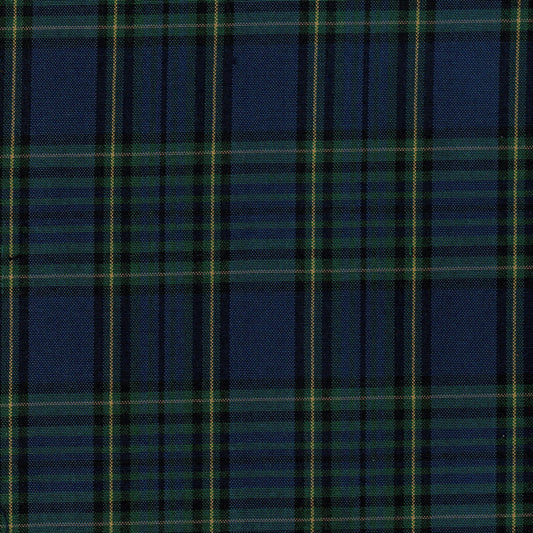 Tela Dacron SchoolLine para uniformes; tela de poliéster en tartán azul marino con rayas verde y amarillo.