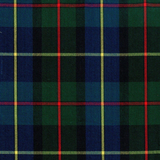 Tela SchoolLine Dacron; poliéster azul y verde con líneas rojas y amarillas, diseño tartán para uniformes escolares e institucionales.