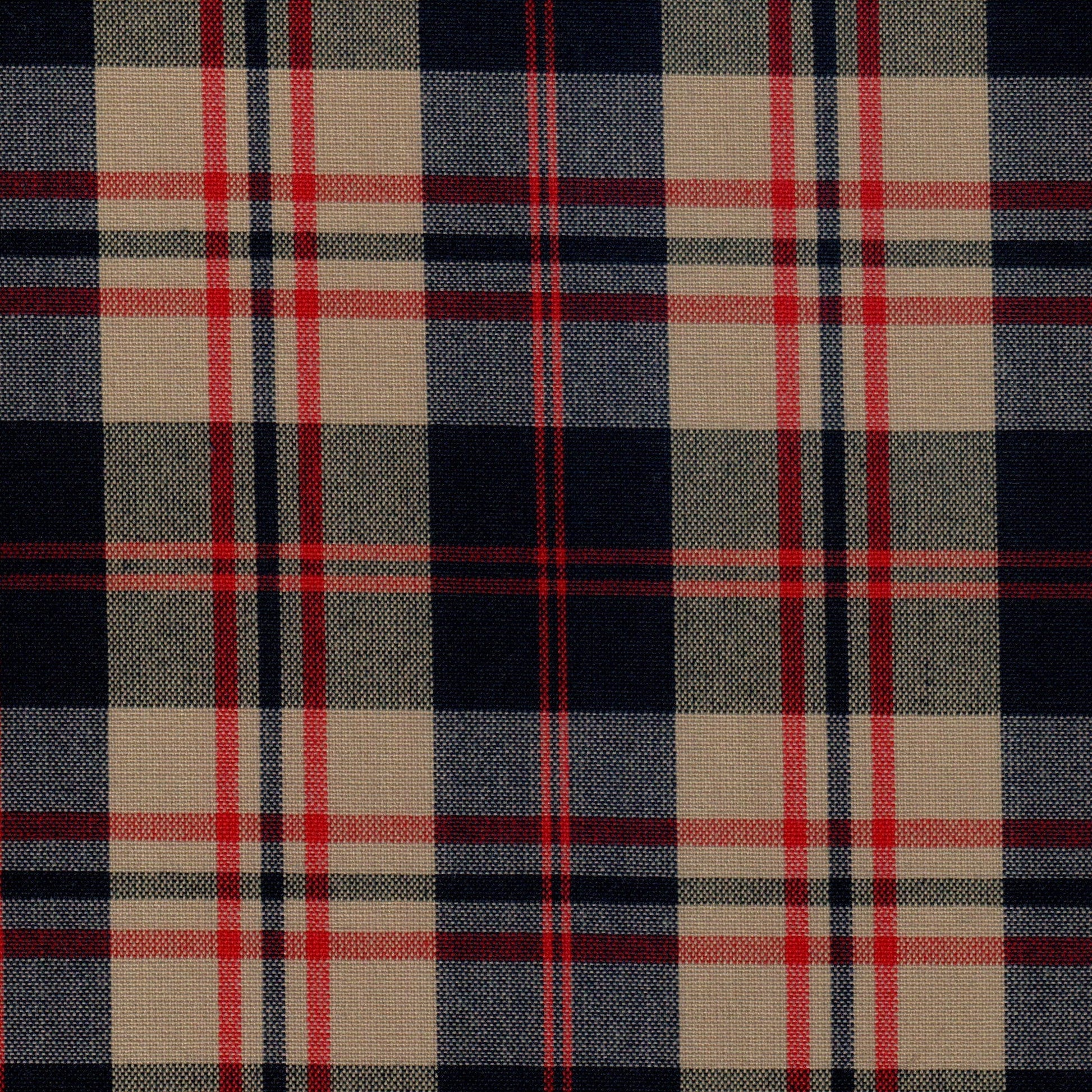 Tela 13002184 Dacron SchoolLine: tela a cuadros beige, navy y rojo; ideal para uniformes escolares e institucionales.