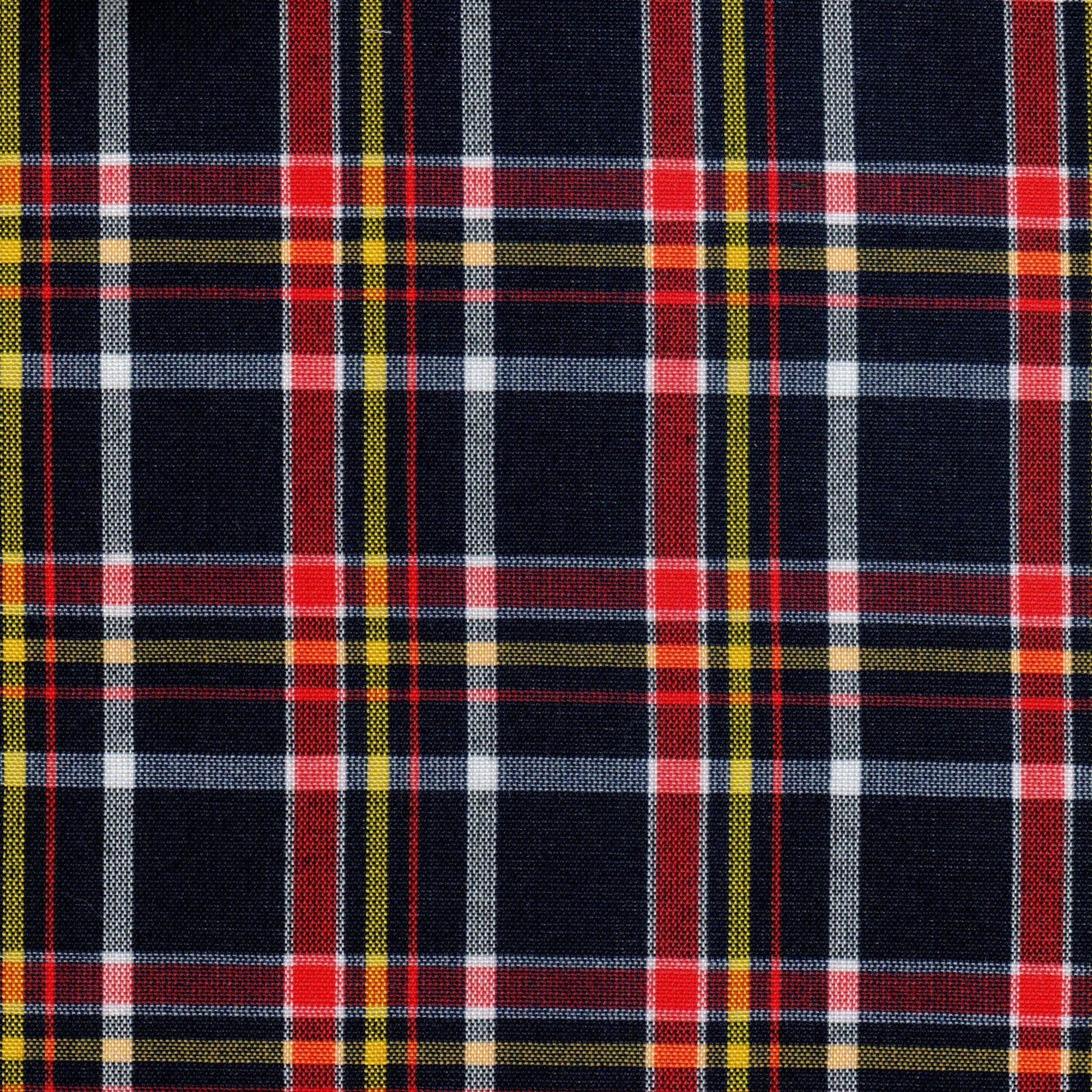Tela SchoolLine de cuadros navy, rojo y amarillo con líneas blancas, ideal para uniformes escolares e institucionales
