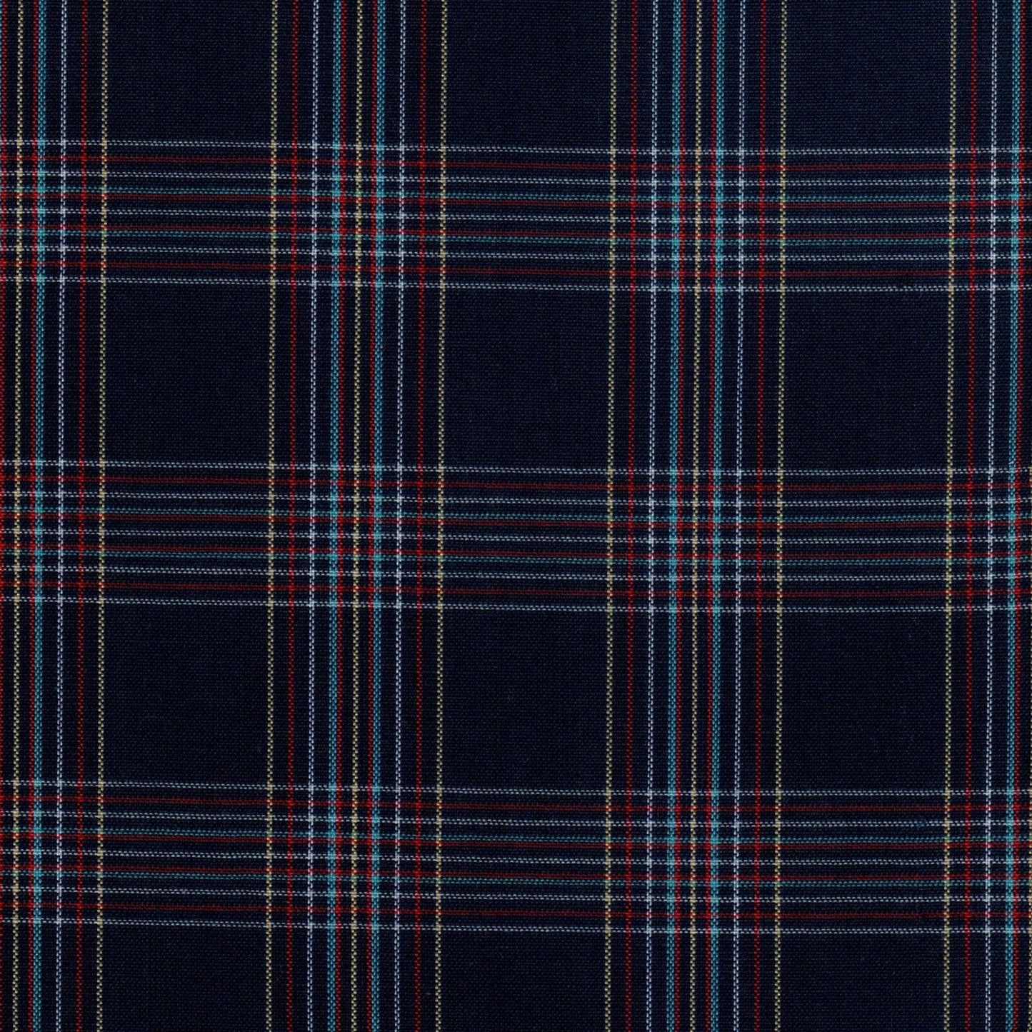 Tela tartán azul marino con rayas rojas, blancas y verdes; tela para uniformes escolares de SchoolLine.