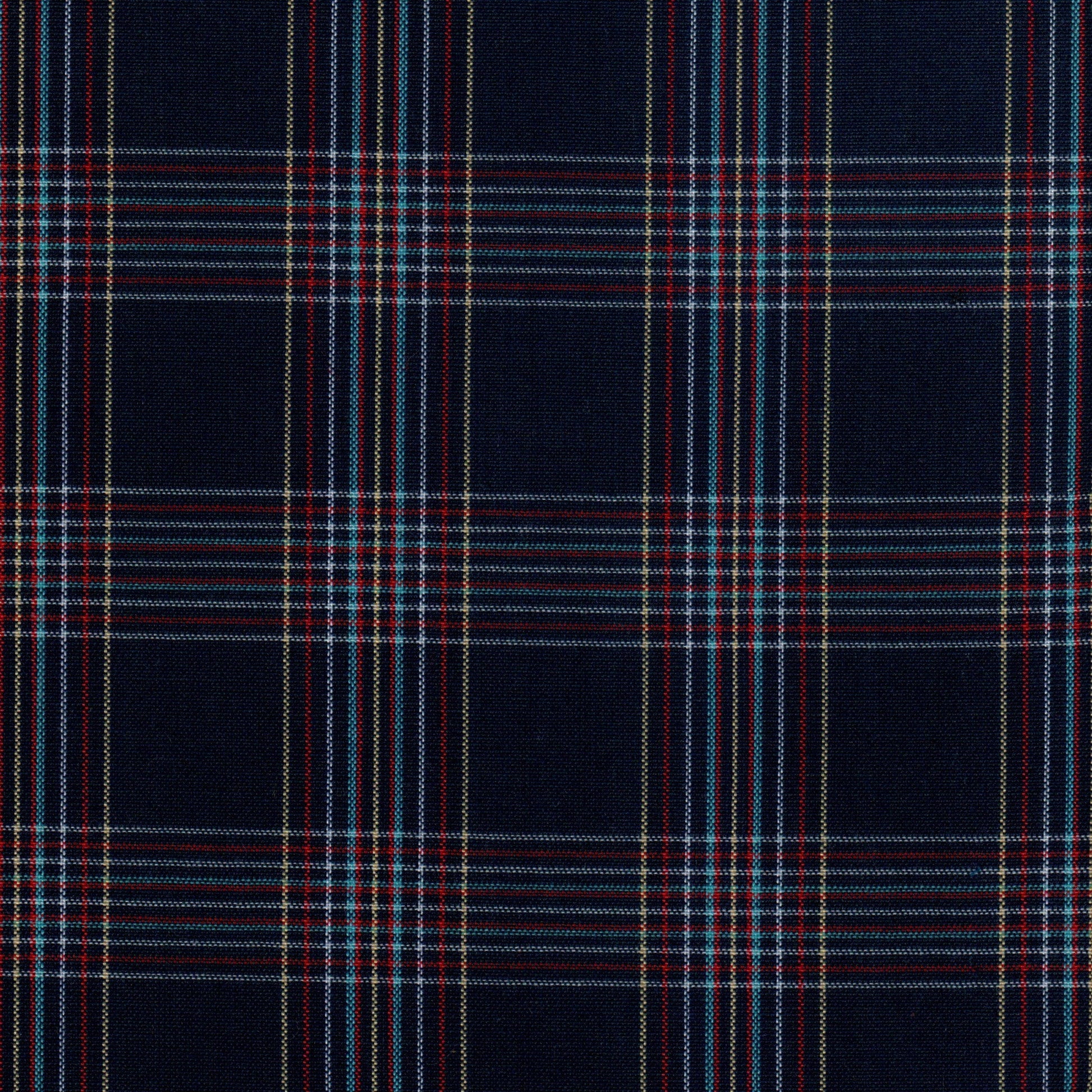 Tela tartán azul marino con rayas rojas, blancas y verdes; tela para uniformes escolares de SchoolLine.