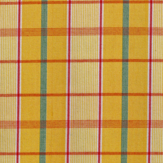 Tela 13002197 Dacron uniforme SchoolLine: poliéster a cuadros amarillos con líneas rojas y verdes, ideal para uniformes escolares.