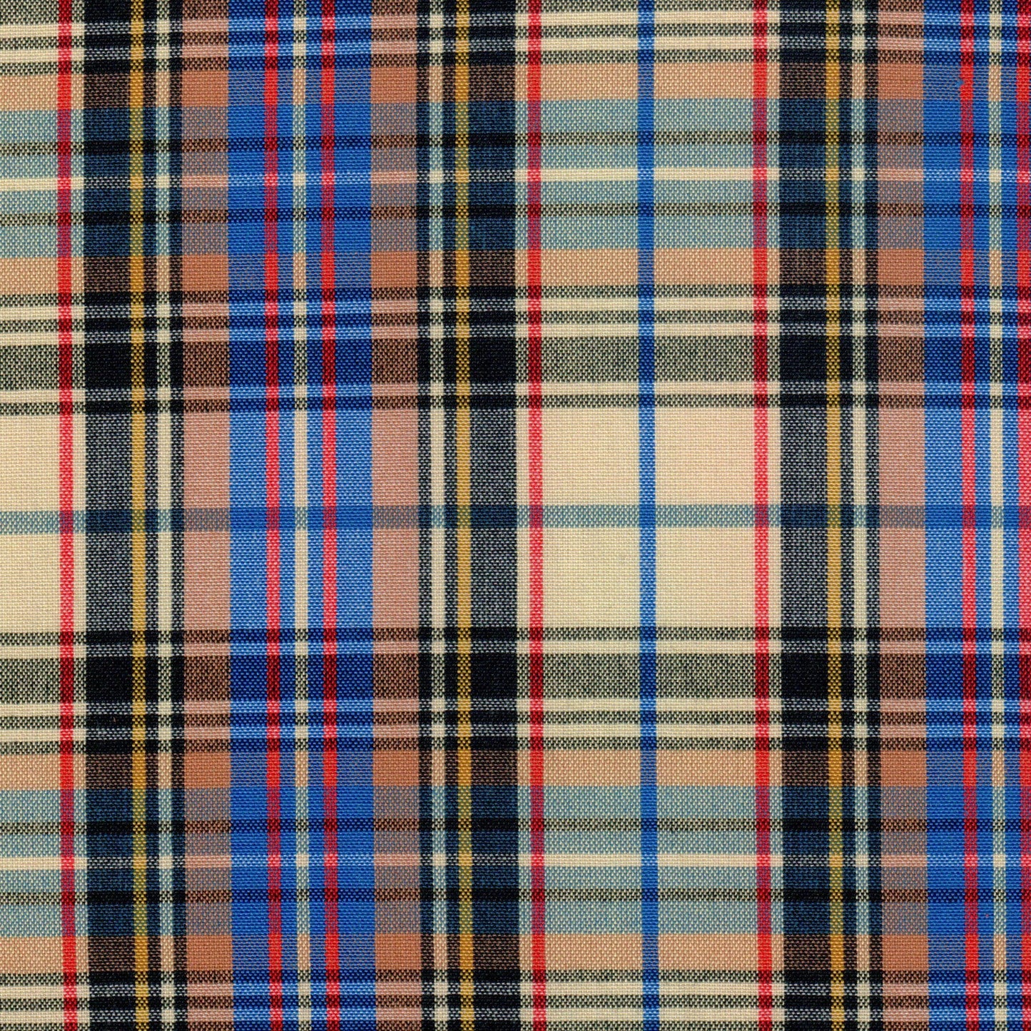 Tela SchoolLine Dacron uniforme; cuadro tartán beige, azul y rojo, ideal para uniformes escolares e institucionales.
