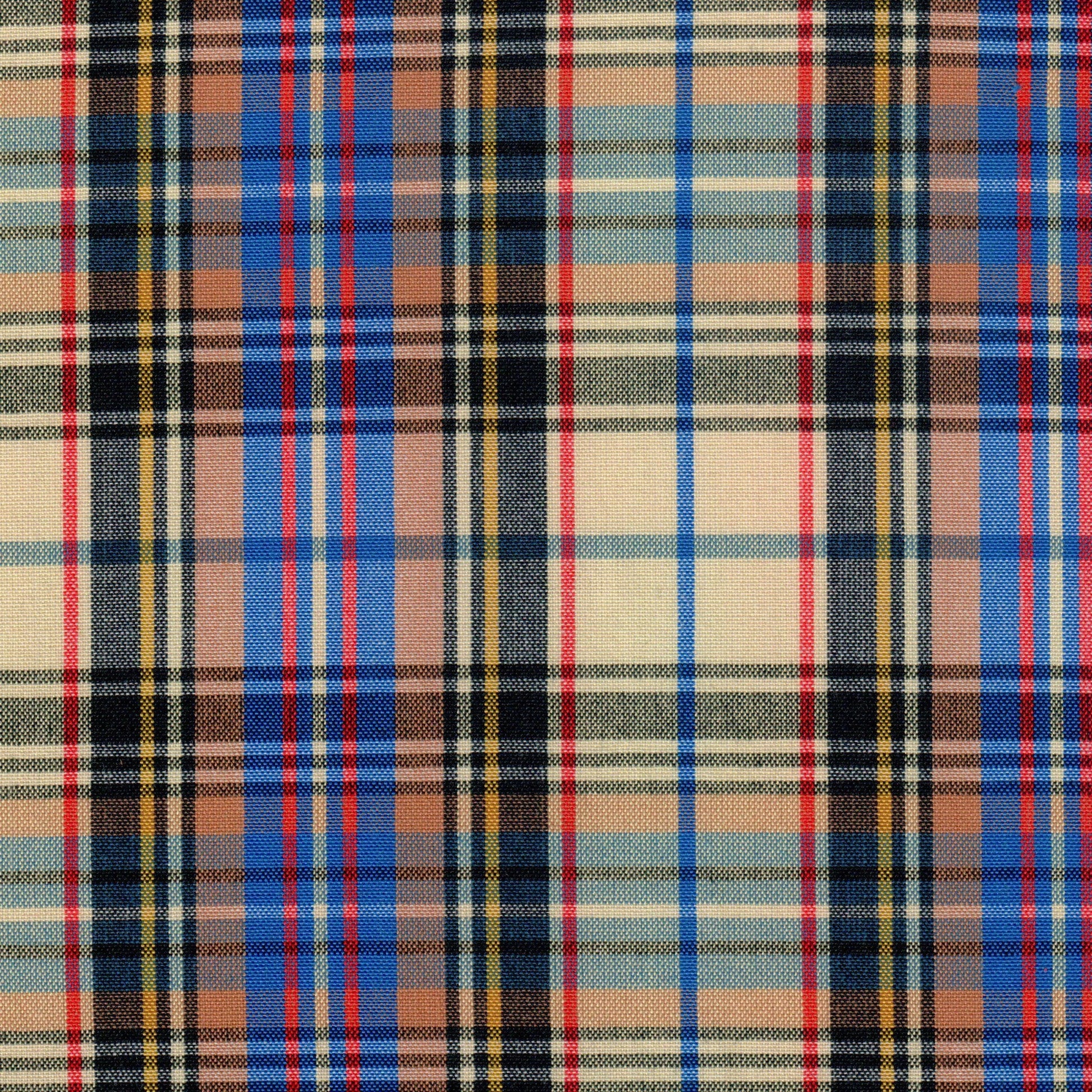 Tela SchoolLine Dacron uniforme; cuadro tartán beige, azul y rojo, ideal para uniformes escolares e institucionales.