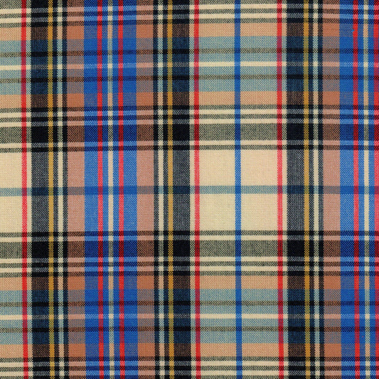 Tela SchoolLine Dacron uniforme; cuadro tartán beige, azul y rojo, ideal para uniformes escolares e institucionales.