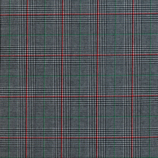 Tela 13002201 Dacron de SchoolLine, tejido tartán negro/blanco con líneas rojas y verdes; ideal para uniformes escolares.