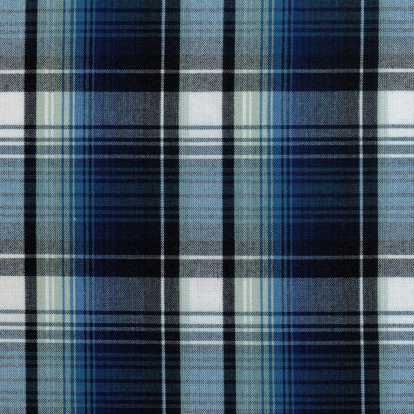 Tela Dacron SchoolLine: poliéster azul marino con tartán negro, blanco y verde, ideal para uniformes escolares.