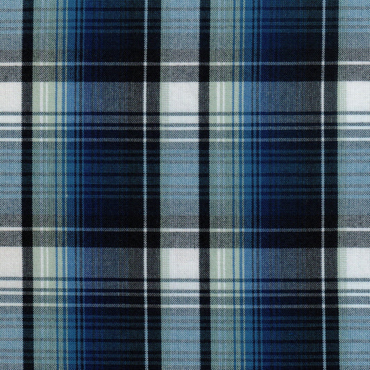 Tela Dacron SchoolLine: poliéster azul marino con tartán negro, blanco y verde, ideal para uniformes escolares.