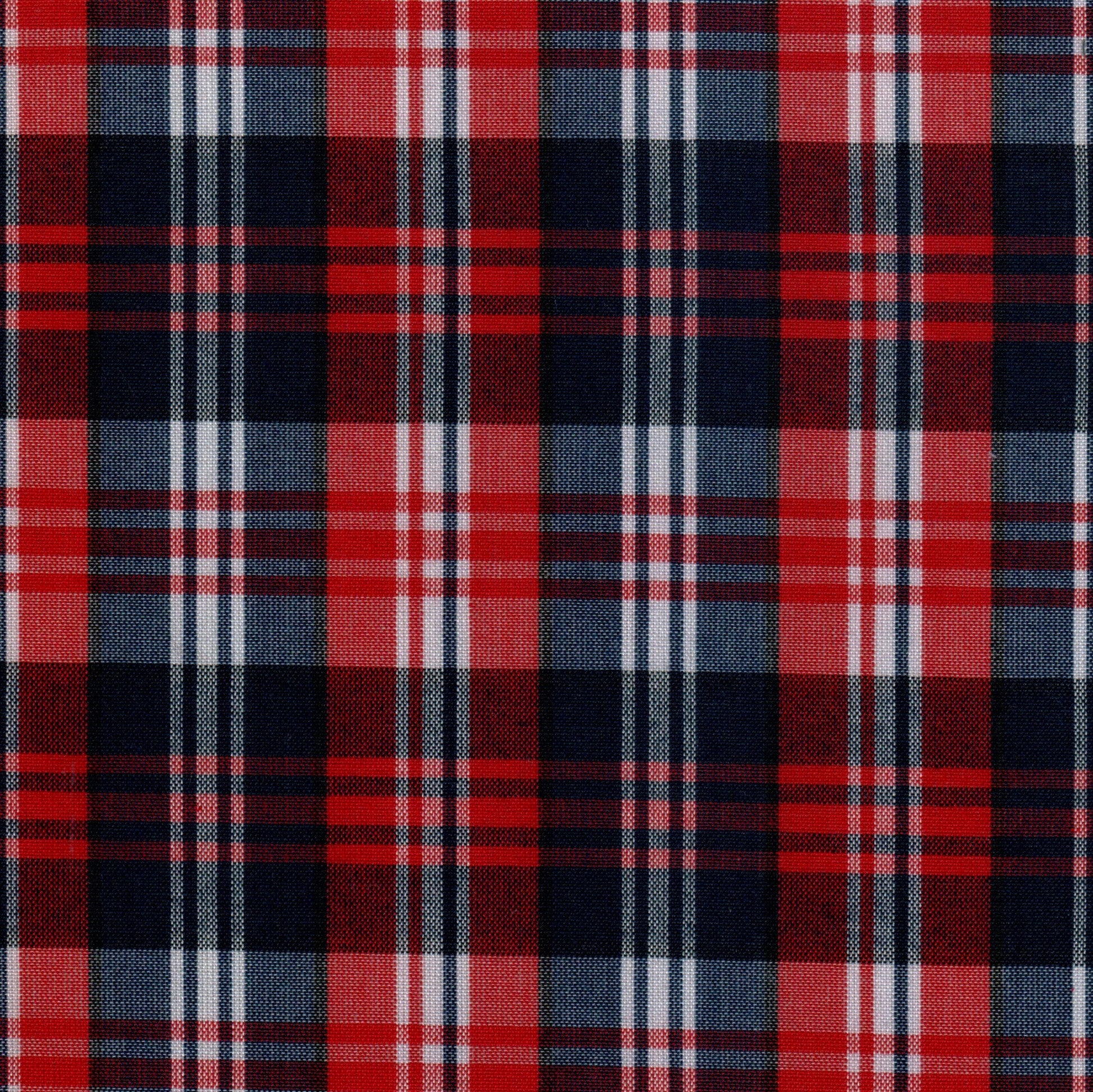 Tela SchoolLine Dacron: tartán rojo, azul marino y blanco con cuadros; ideal para uniformes escolares e institucionales.