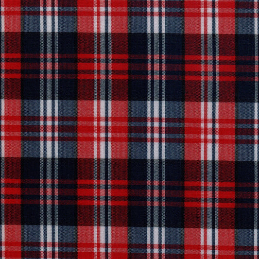 Tela SchoolLine Dacron: tartán rojo, azul marino y blanco con cuadros; ideal para uniformes escolares e institucionales.