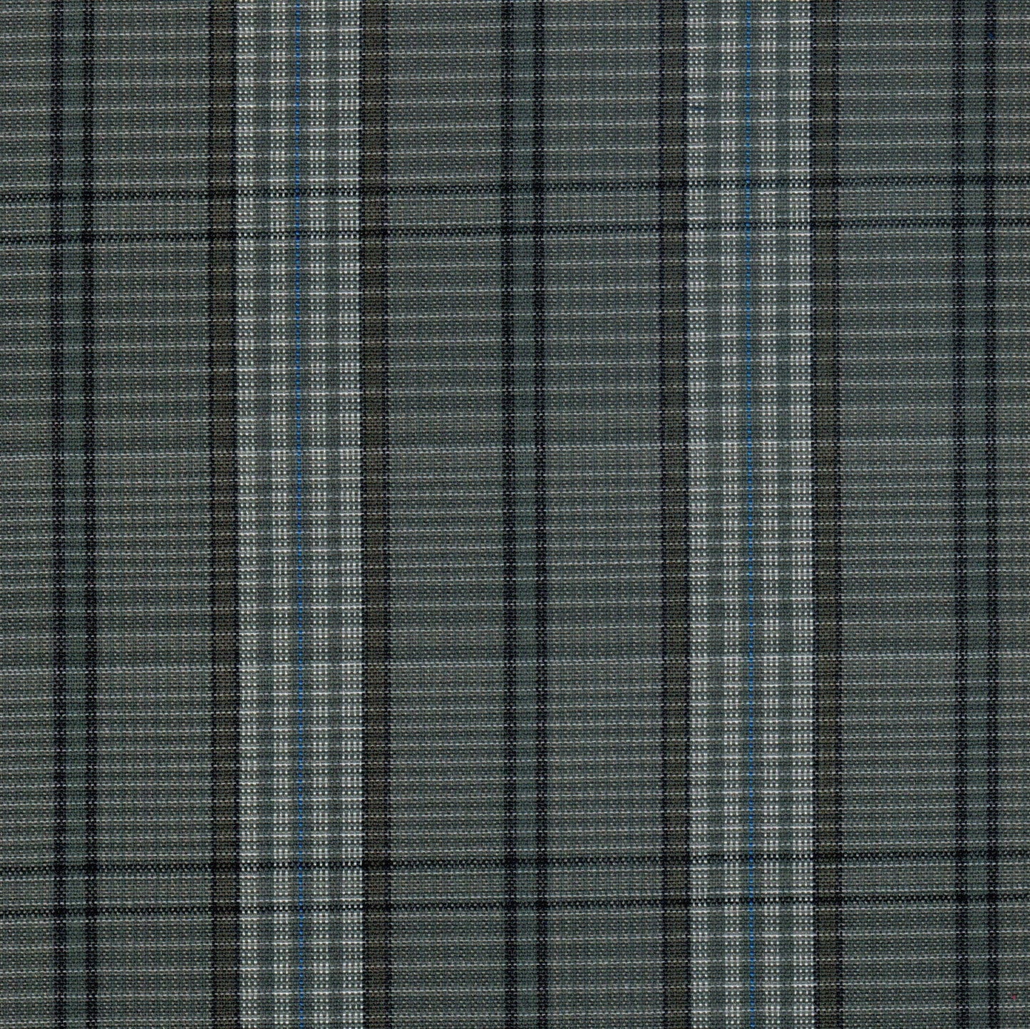 Tela 13002210 Dacron para uniformes SchoolLine; tejido a cuadros gris/negro/blanco con líneas azules, ideal para uniformes escolares.