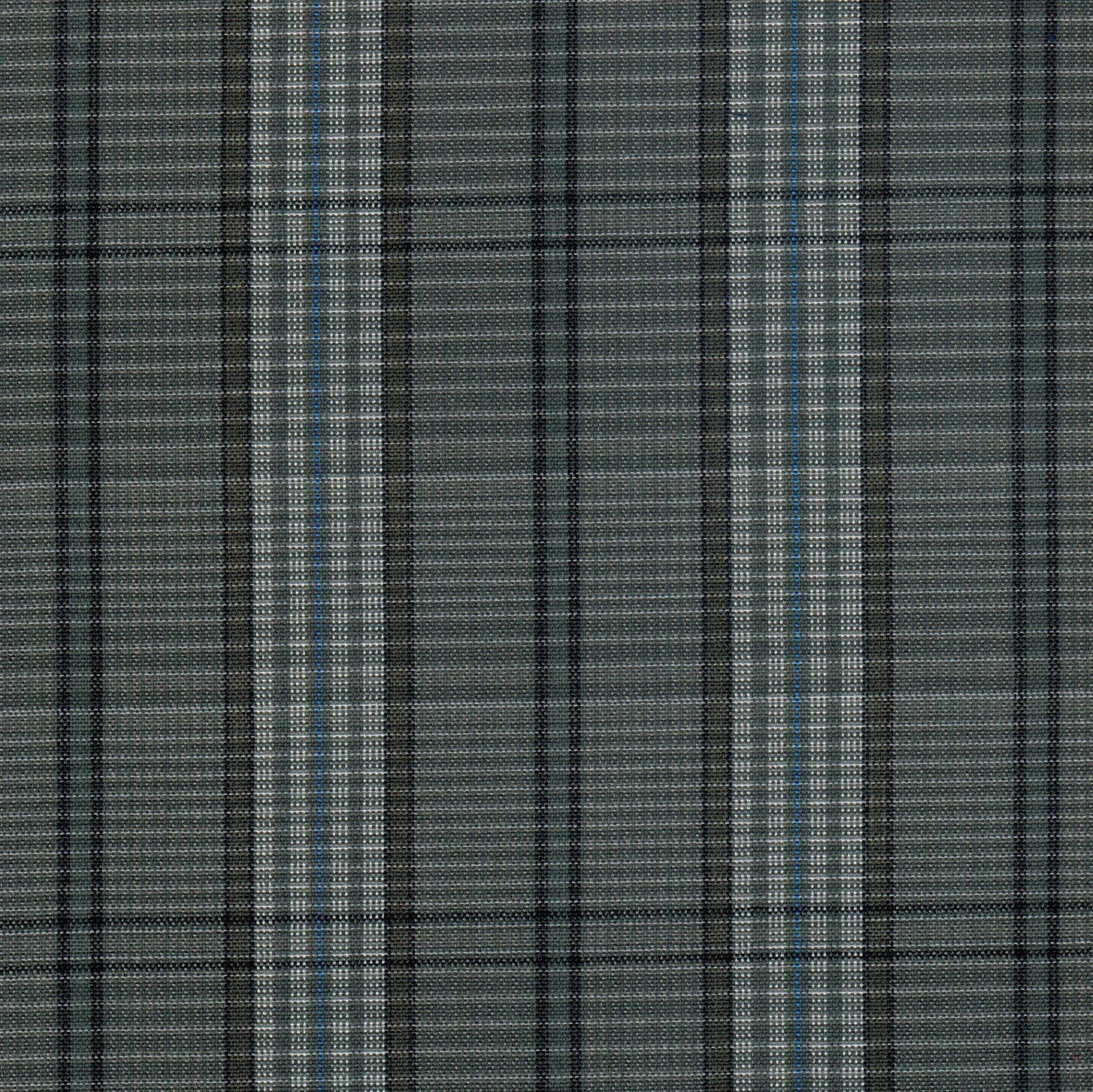 Tela 13002210 Dacron para uniformes SchoolLine; tejido a cuadros gris/negro/blanco con líneas azules, ideal para uniformes escolares.