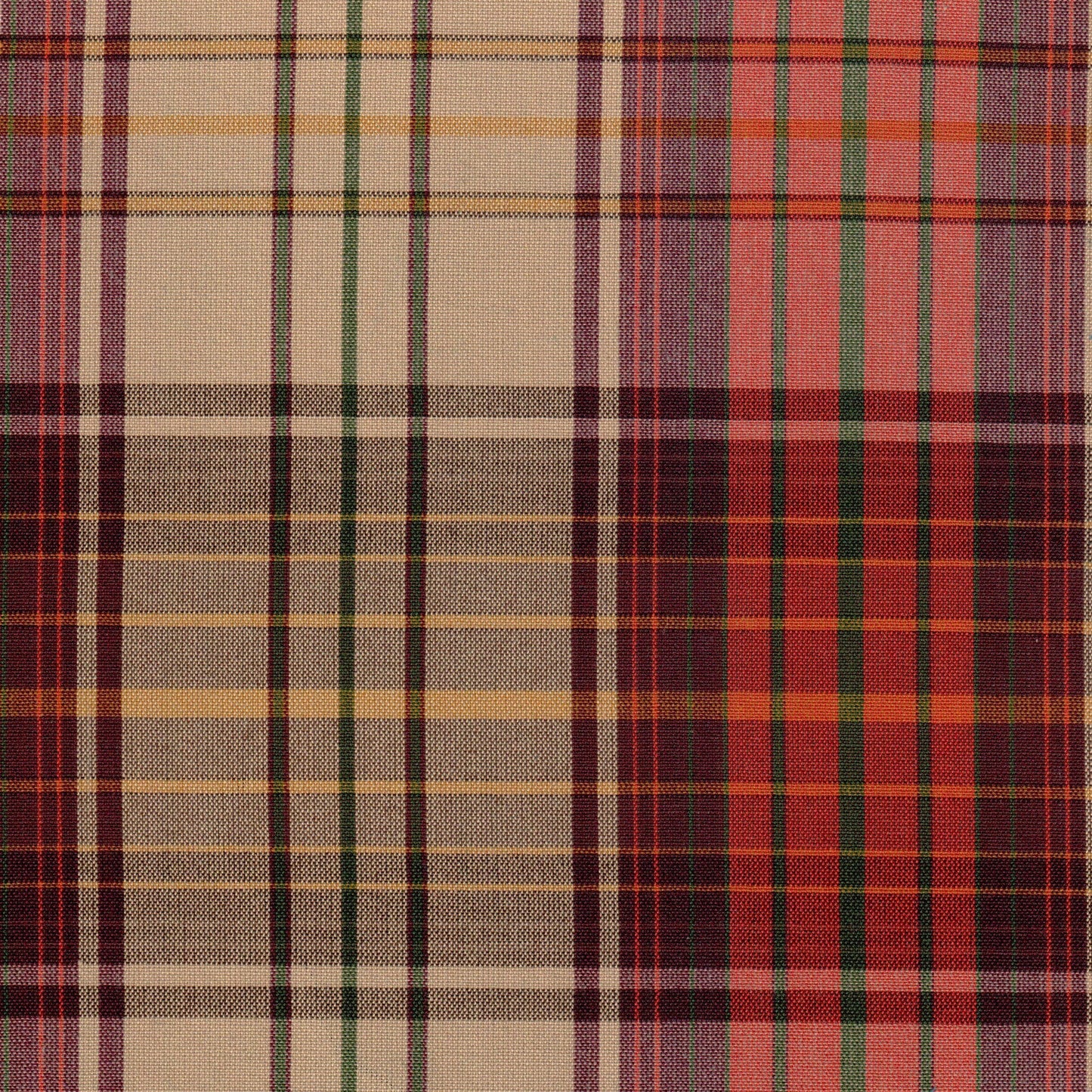 Tela Dacron para uniformes SchoolLine en cuadros beige con líneas verde y rojo, ideal para uniformes escolares e institucionales