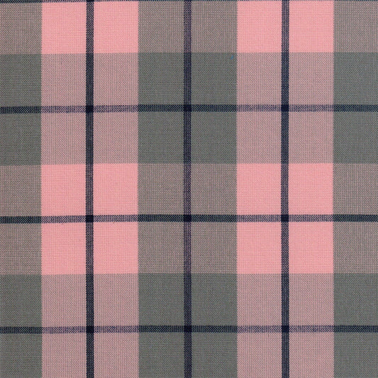 Tela 13002225 Dacron SchoolLine: tela a cuadros rosa y verde oliva con líneas oscuras, ideal para uniformes escolares.