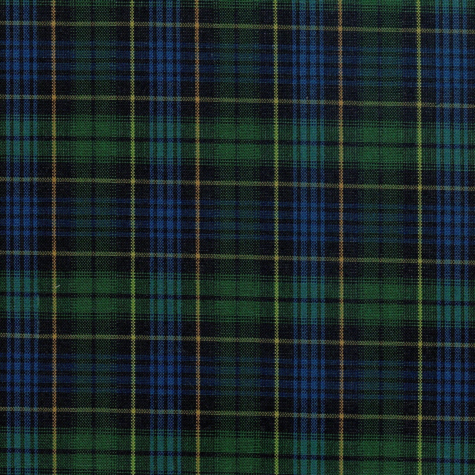 Tela Dacron 13002230 de SchoolLine en tartán verde/azul con líneas amarillas; ideal para uniformes escolares e institucionales.