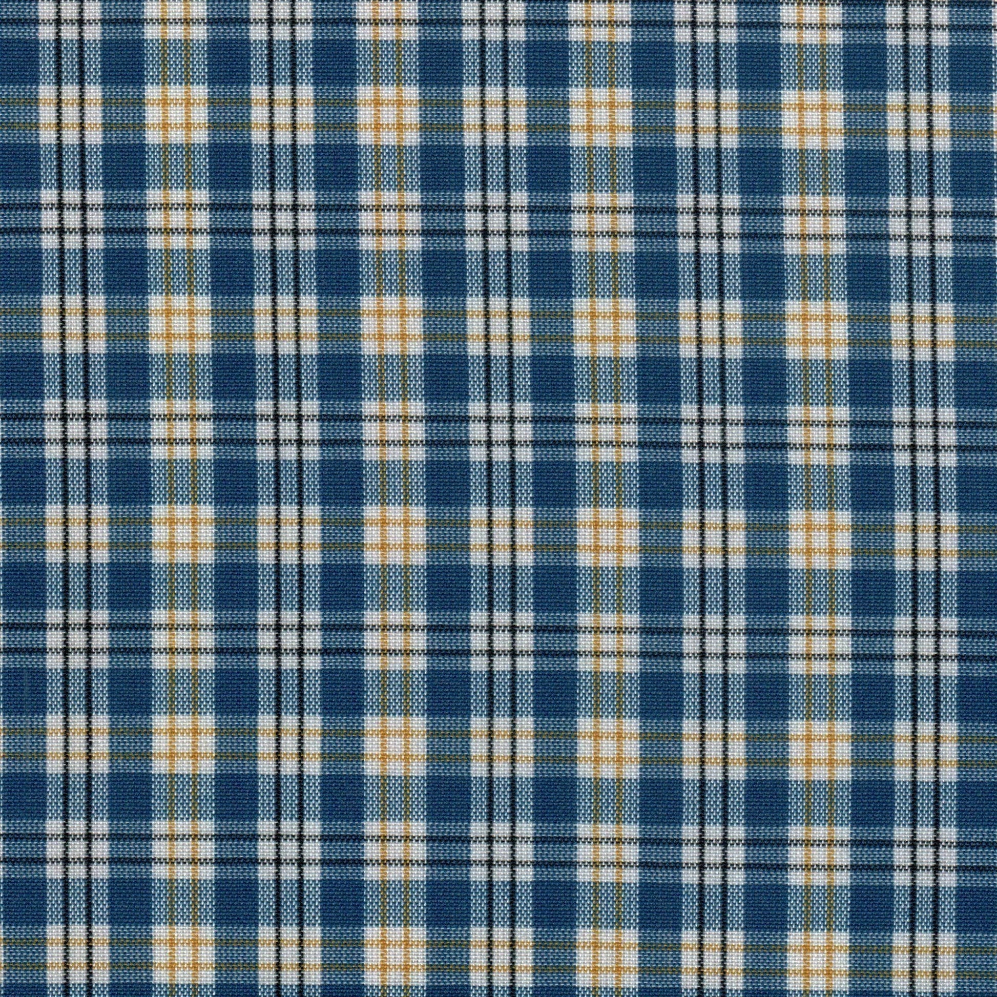Tela de poliéster azul con patrón a cuadros blanco y amarillo de SchoolLine para uniformes escolares e institucionales.