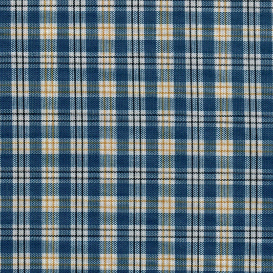 Tela de poliéster azul con patrón a cuadros blanco y amarillo de SchoolLine para uniformes escolares e institucionales.