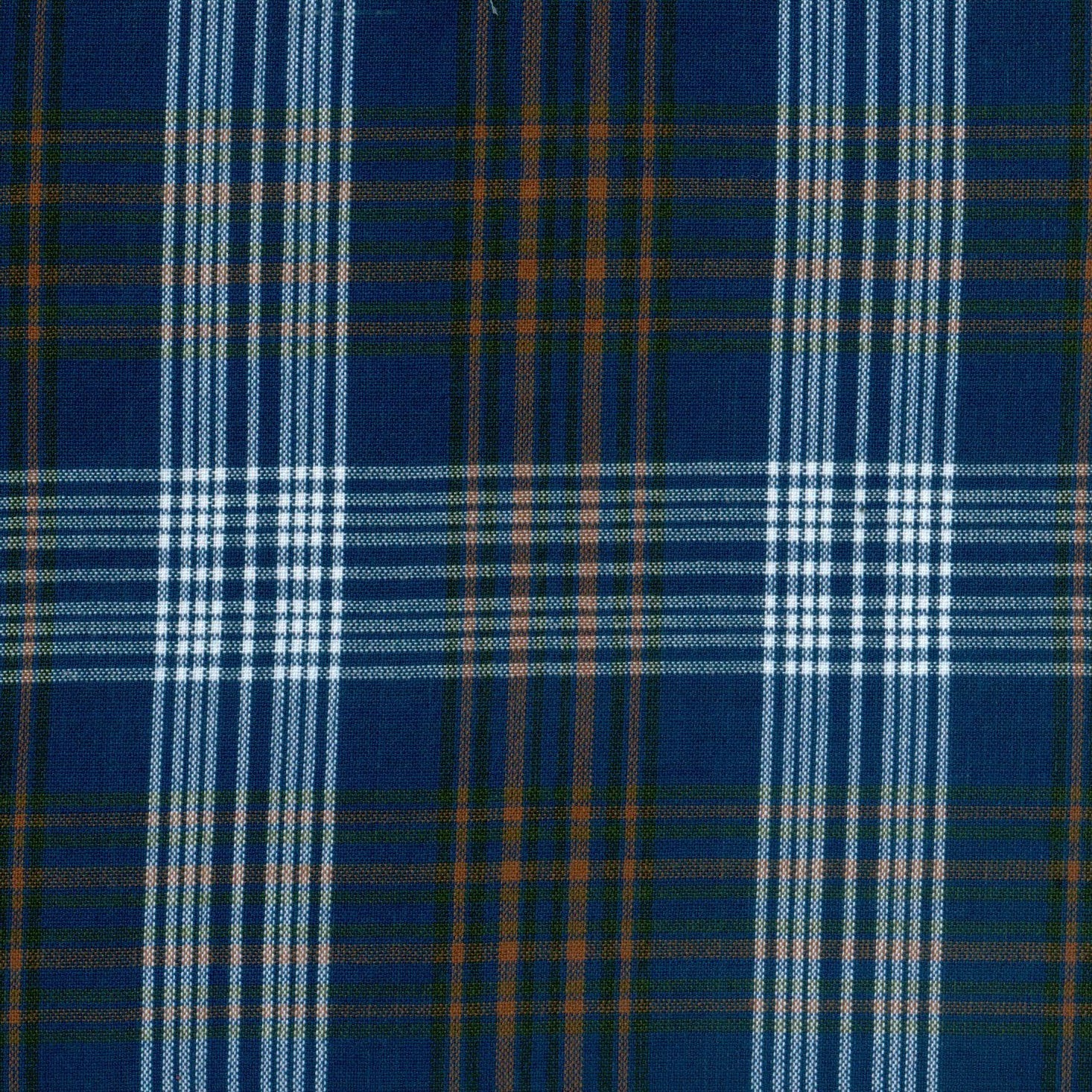 Tela 13002234 Dacron uniforme de SchoolLine en azul marino, blanco y marrón con diseño tartán para uniformes escolares.