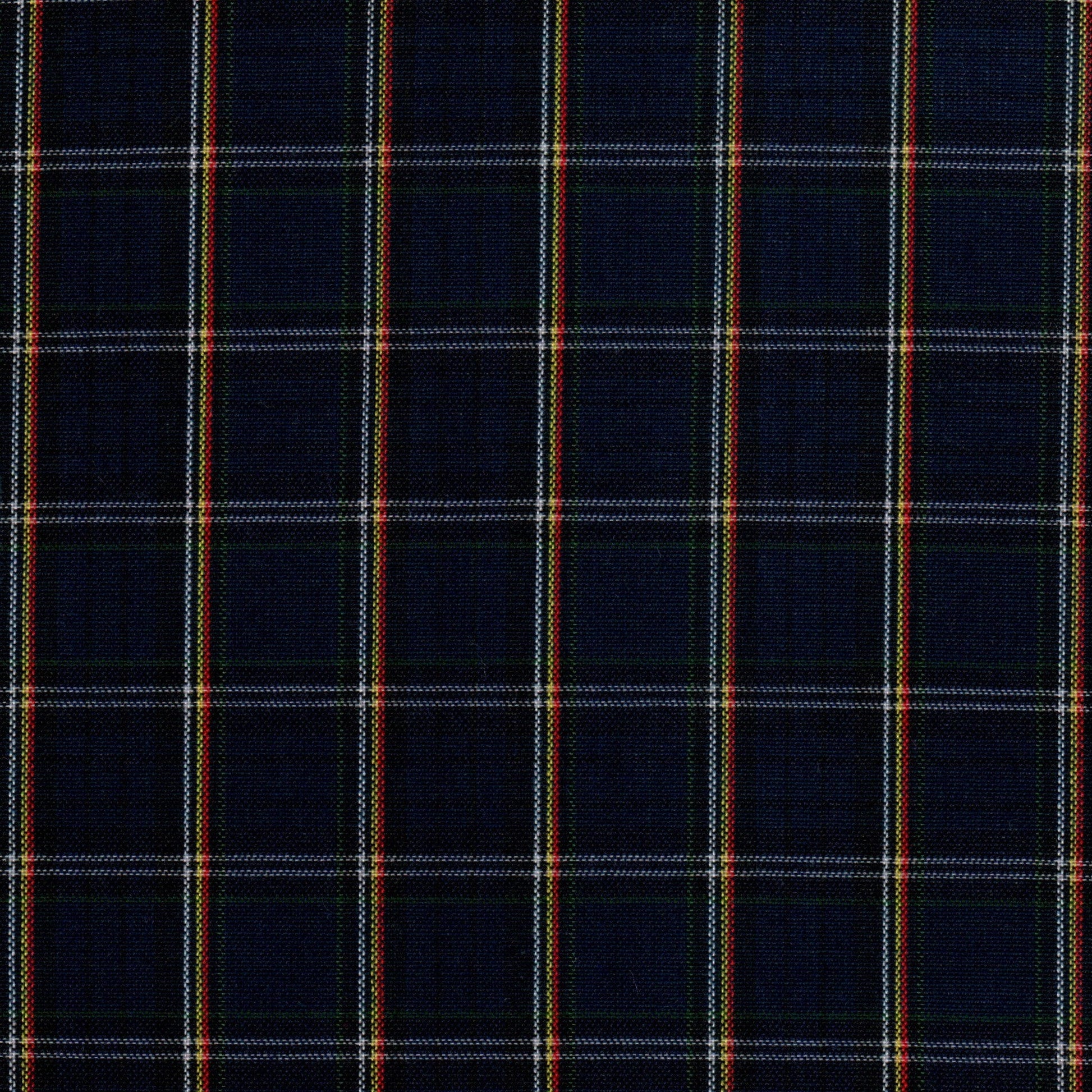 Tela Dacron SchoolLine en poliéster, azul marino a cuadros con líneas rojas, amarillas y blancas para uniformes escolares.