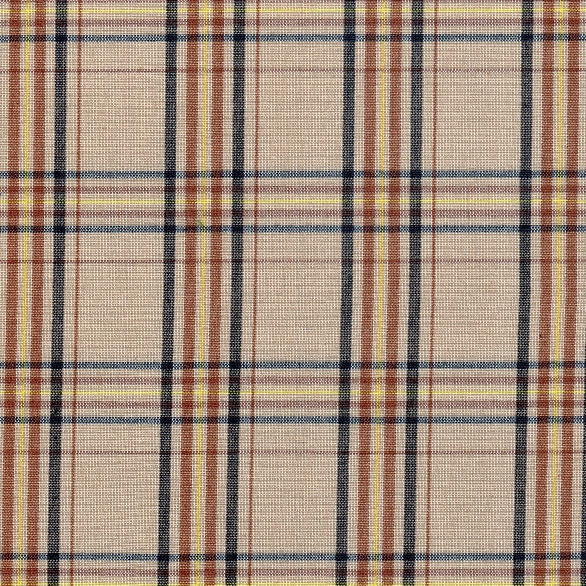 Tela Dacron SchoolLine 13002241, tela a cuadros beige con rayas negra, marrón y amarillo; ideal para uniformes escolares e institucionales.