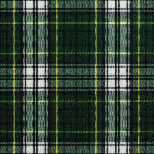Tela SchoolLine 13002242 Dacron verde a cuadros con rayas negras, blancas y amarillas para uniformes escolares.