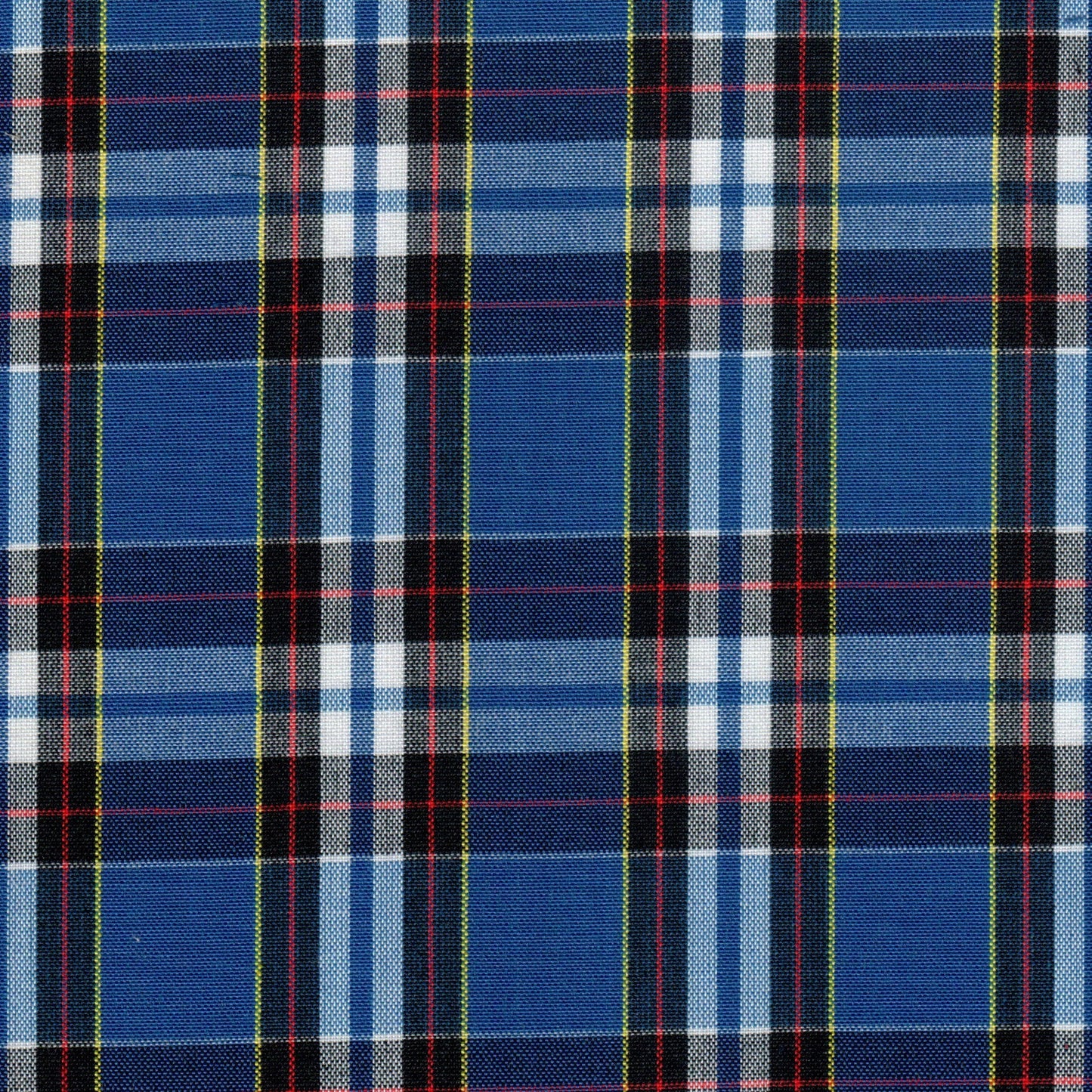 Tela 13002250 Dacron SchoolLine: paño azul a cuadros tartán con líneas negras, rojas y verde-amarillo; ideal para uniformes escolares e institucionales.