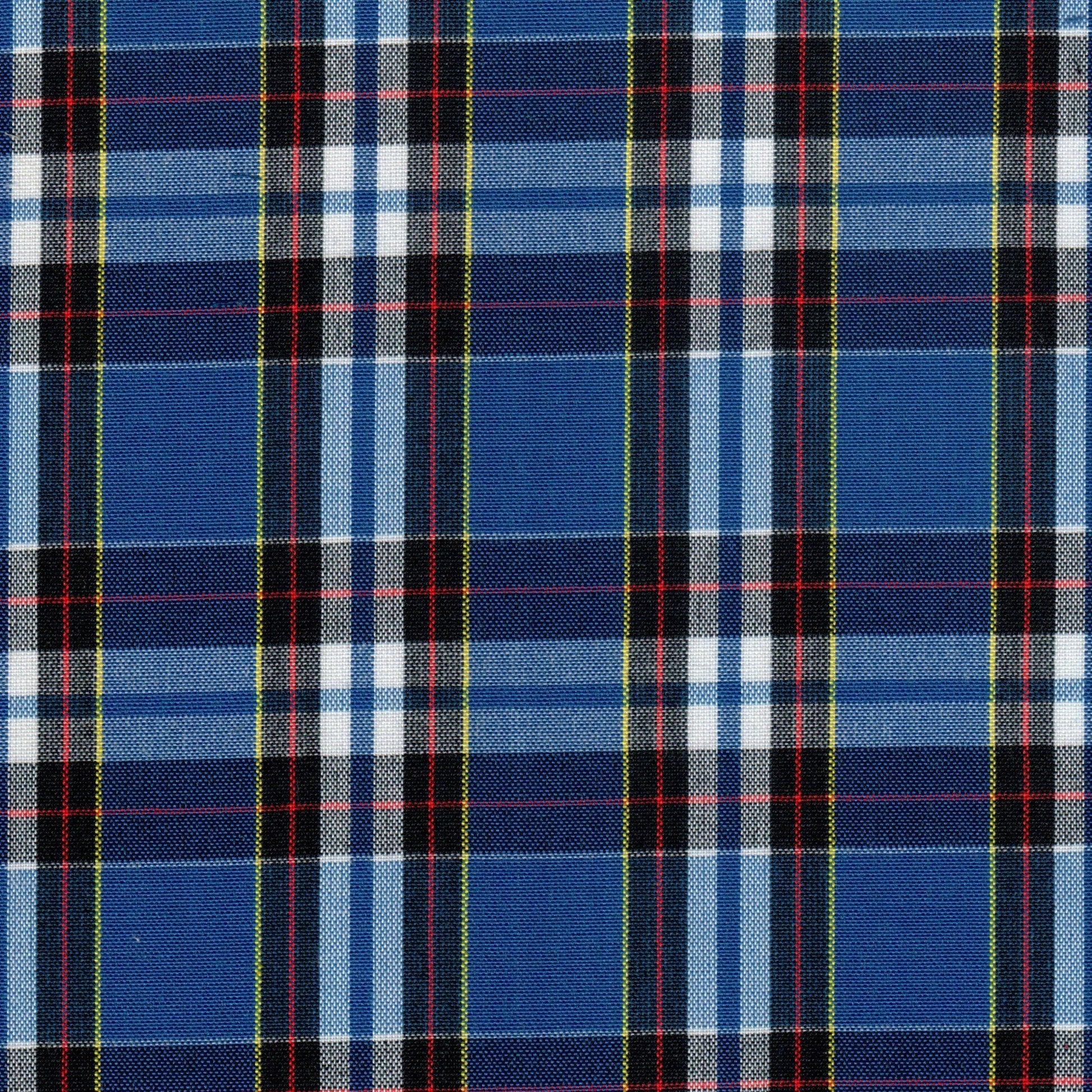 Tela 13002250 Dacron SchoolLine: paño azul a cuadros tartán con líneas negras, rojas y verde-amarillo; ideal para uniformes escolares e institucionales.