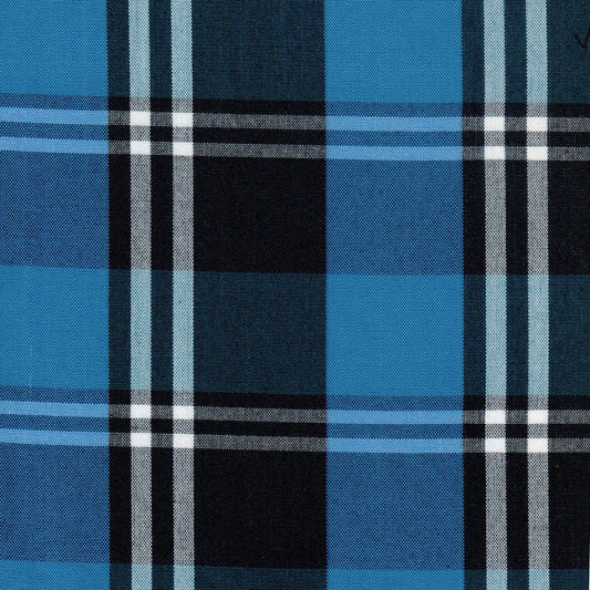 Tela Dacron cuadros azul navy con rayas blancas; SchoolLine para uniformes escolares e institucionales.