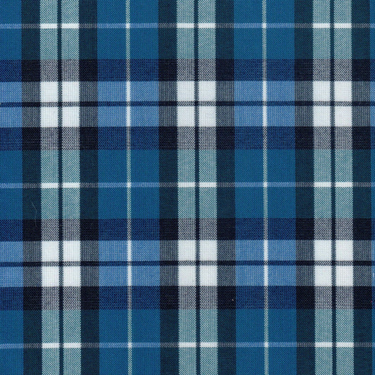 Tela 13002252 Dacron SchoolLine, tartán azul con bandas blancas y negras, ideal para uniformes escolares e institucionales