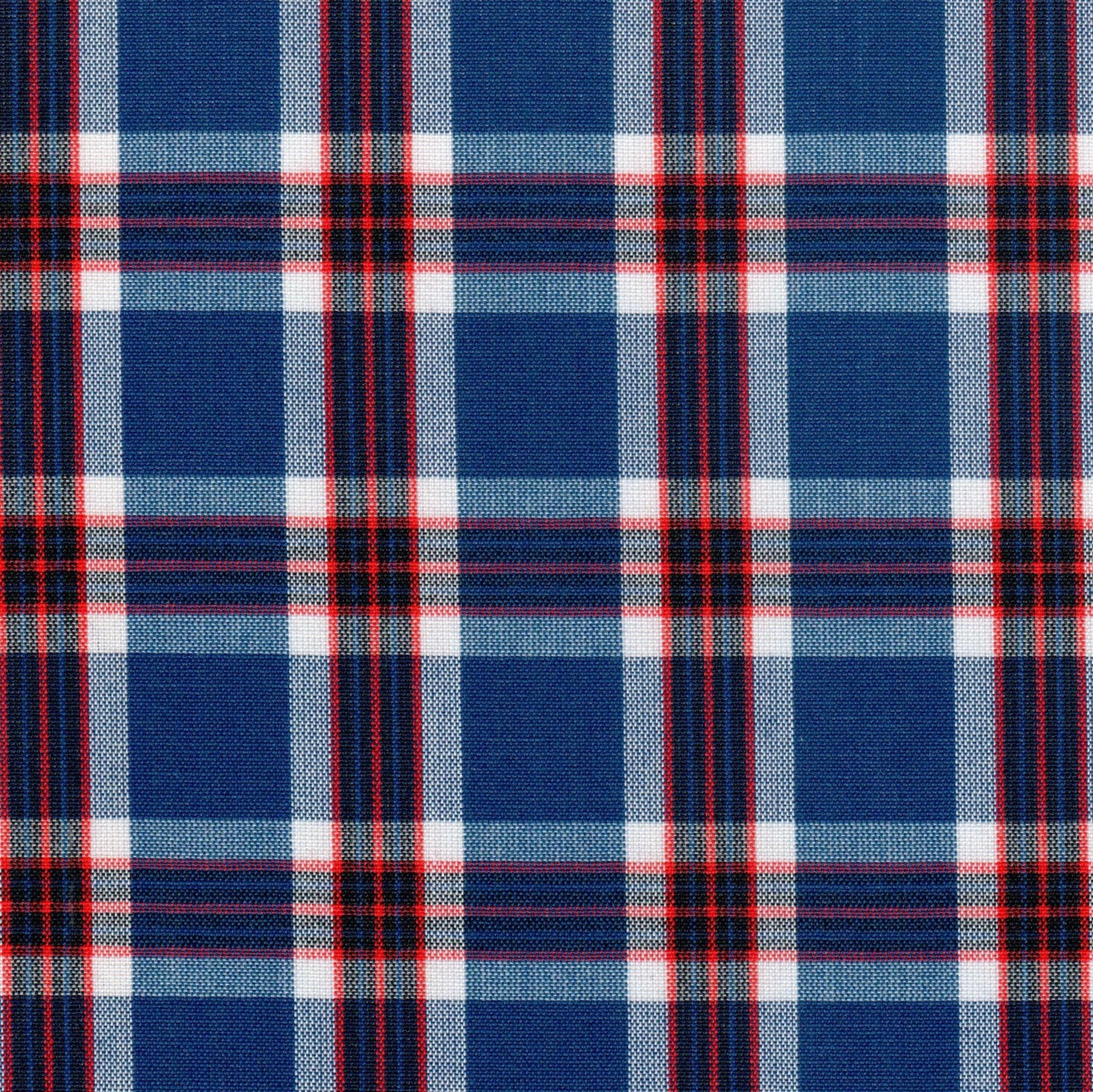 Tela de poliéster Dacron SchoolLine en diseño plaid azul con rayas rojas y blancas, ideal para uniformes escolares.