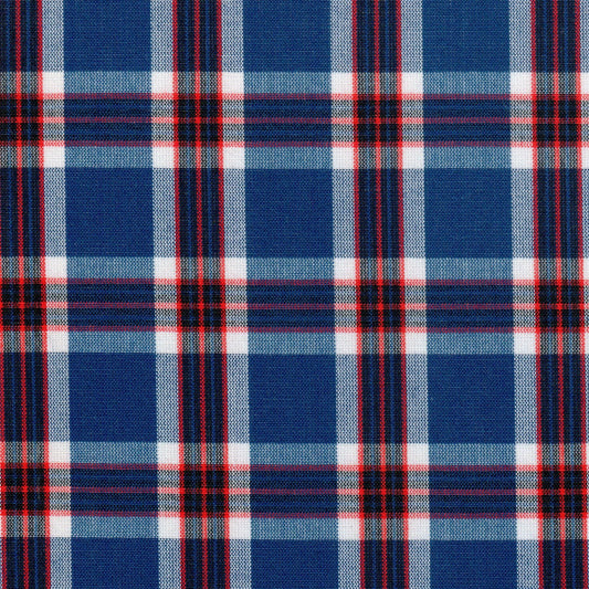 Tela de poliéster Dacron SchoolLine en diseño plaid azul con rayas rojas y blancas, ideal para uniformes escolares.