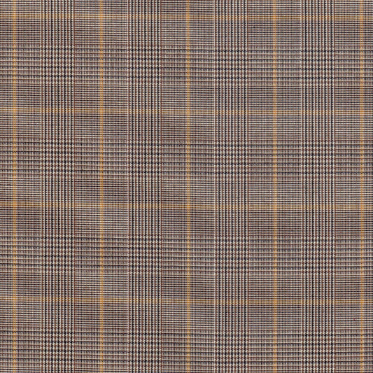 Tela Dacron SchoolLine tartán marrón-beige con líneas negras, texturizada; ideal para uniformes escolares e institucionales.