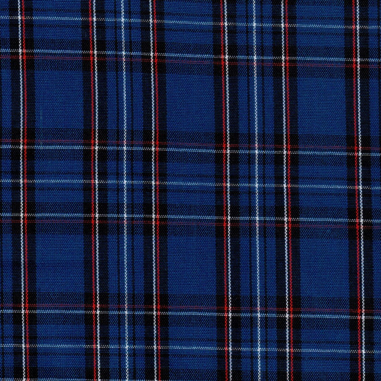 Tela azul tipo tartán con franjas negras, blancas y rojas; tela Dacron para uniformes escolares e institucionales SchoolLine