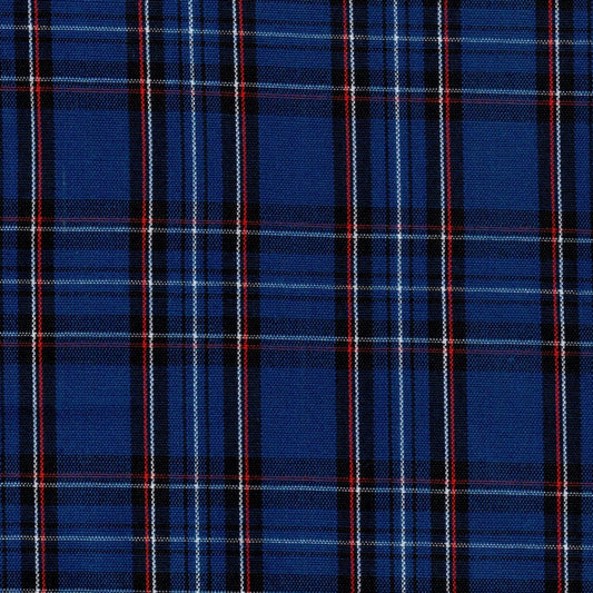 Tela azul tipo tartán con franjas negras, blancas y rojas; tela Dacron para uniformes escolares e institucionales SchoolLine