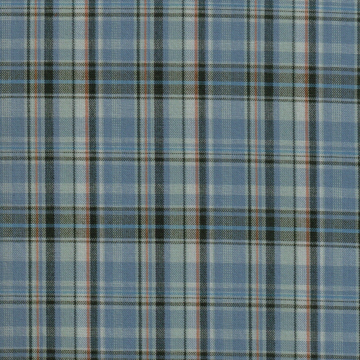 Tela Dacron SchoolLine para uniformes escolares; tela azul con diseño tartán de rayas negras y rojas.