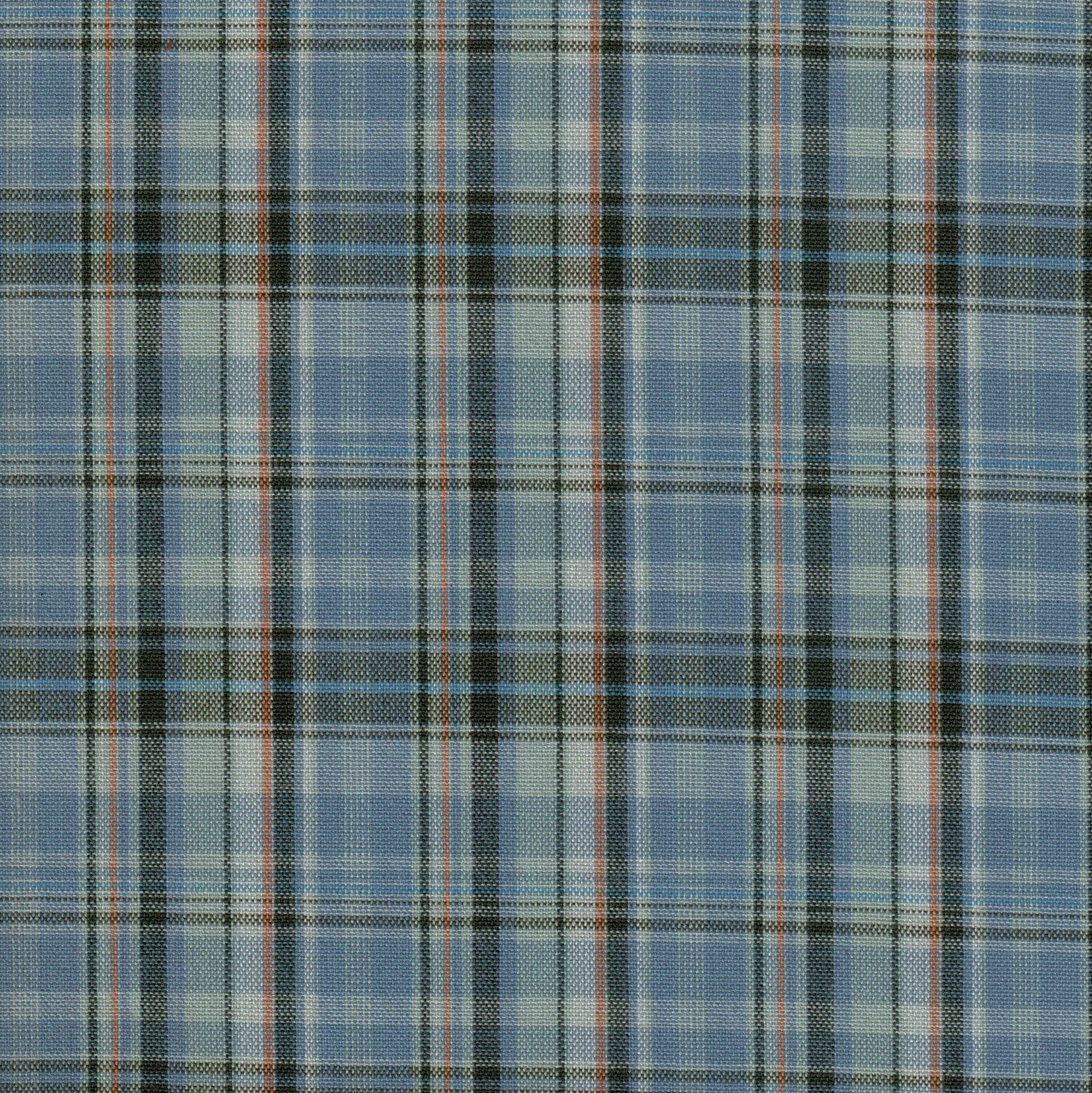 Tela Dacron SchoolLine para uniformes escolares; tela azul con diseño tartán de rayas negras y rojas.