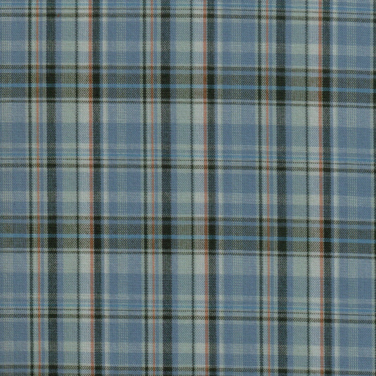 Tela Dacron SchoolLine para uniformes escolares; tela azul con diseño tartán de rayas negras y rojas.