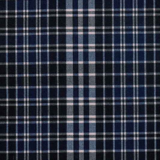 Tela 13002272 Dacron uniforme de SchoolLine; tejido a cuadros azul marino/azul claro con líneas blancas, ideal para uniformes escolares.